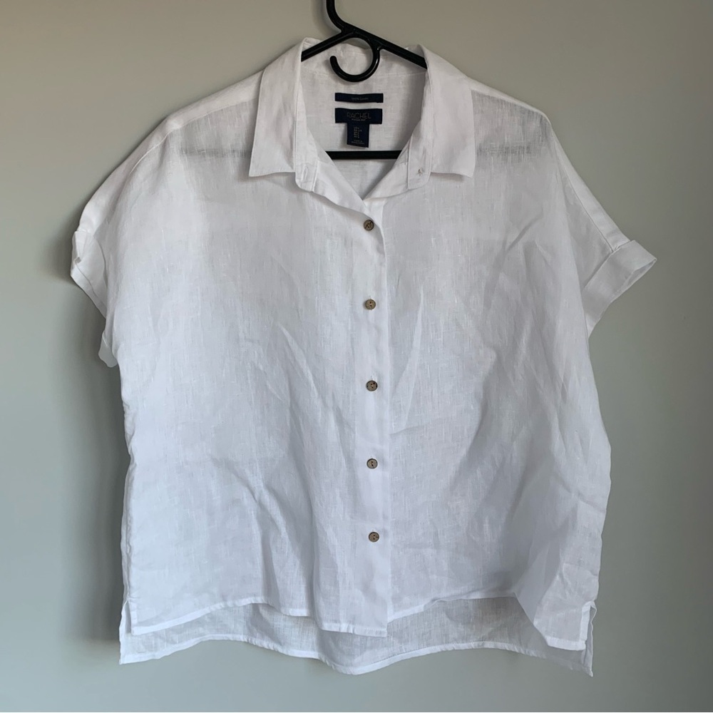 Rachel Rachel Roy White Linen Short Sleeve Button Down Top